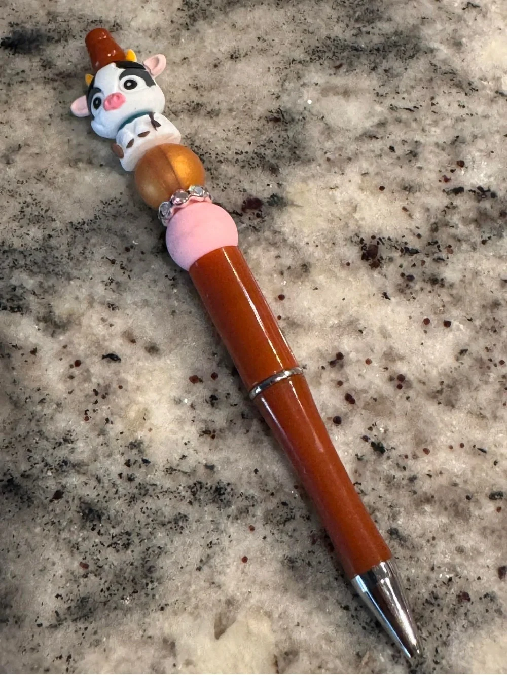 Hand Crafted Brown and Pink Cow Beaded Pen